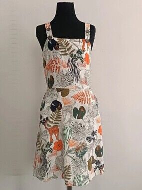 Tropical Print Pinafore Dress - Off White with Orange & Green